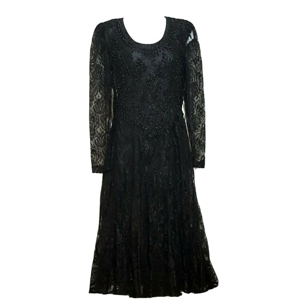 Vintage Lace‎ Dress 10P Beaded Black Lined Zip Gothic Wedding Goth Tea Length